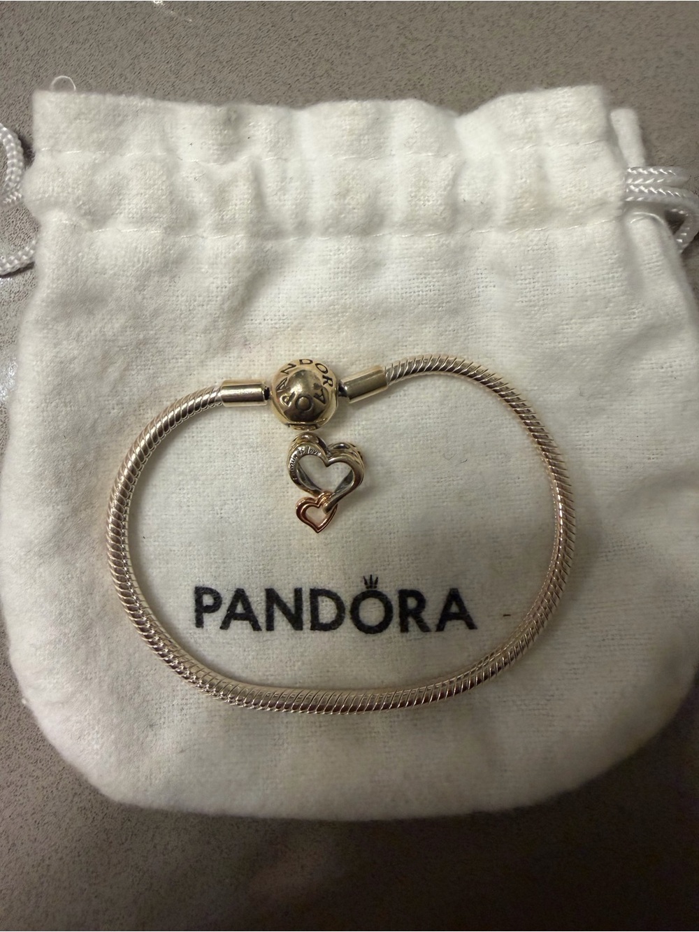 Pandora Silver and Rose Gold Double Heart Charm Bracelet